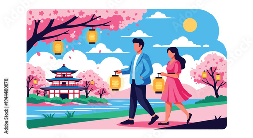 Modern vector illustration of Japanese cherry blossoms festival with couple walking beneath blooming sakura trees along peaceful riverside in spring