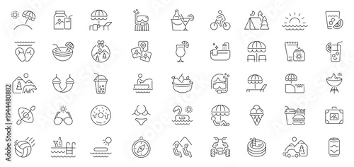 Vacation and travel icons set. editable line icons, outline, holiday symbols