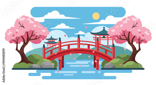 Modern vector illustration of Japanese cherry blossoms festival with red arched bridge beneath blooming sakura trees and petals floating on water