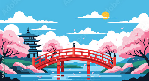 Modern vector illustration of Japanese cherry blossoms festival with red arched bridge beneath blooming sakura trees and petals floating on water