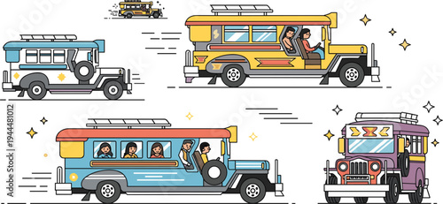 Traditional Filipino jeepney public transport vehicles with passengers colorful street transportation cartoon flat vector illustration set