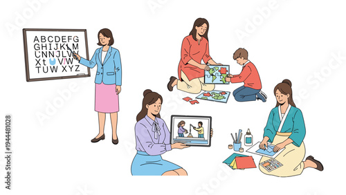 Education and Creativity: A collection of educational and creative activities, showcasing different learning environments and methods.