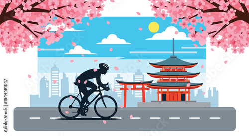 Modern vector illustration of Japanese cherry blossoms festival with cyclist riding beneath blooming sakura trees and petals covering spring street