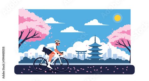Modern vector illustration of Japanese cherry blossoms festival with cyclist riding beneath blooming sakura trees and petals covering spring street