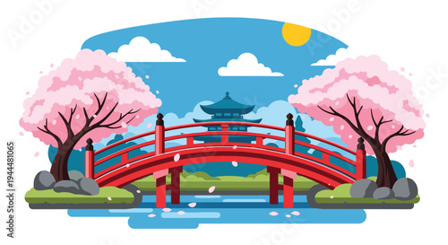 Modern vector illustration of Japanese cherry blossoms festival with red arched bridge beneath blooming sakura trees and petals floating on water