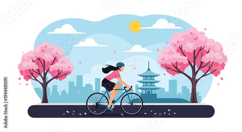 Modern vector illustration of Japanese cherry blossoms festival with cyclist riding beneath blooming sakura trees and petals covering spring street