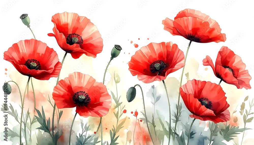 Fototapeta premium Watercolor Poppies - A Vibrant Floral Display in Red and Green.