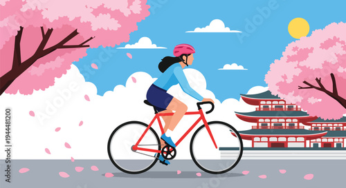 Modern vector illustration of Japanese cherry blossoms festival with cyclist riding beneath blooming sakura trees and petals covering spring street