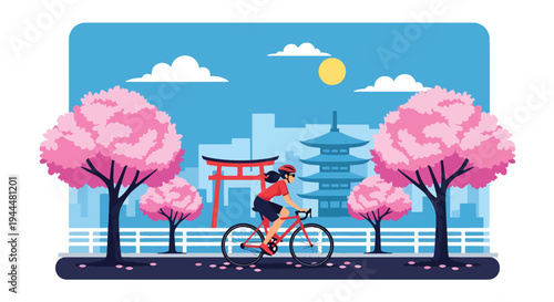 Modern vector illustration of Japanese cherry blossoms festival with cyclist riding beneath blooming sakura trees and petals covering spring street