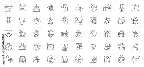 Birthday celebration icons set. editable line icons, outline, party, gifts, and fun