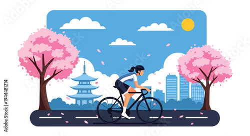 Modern vector illustration of Japanese cherry blossoms festival with cyclist riding beneath blooming sakura trees and petals covering spring street