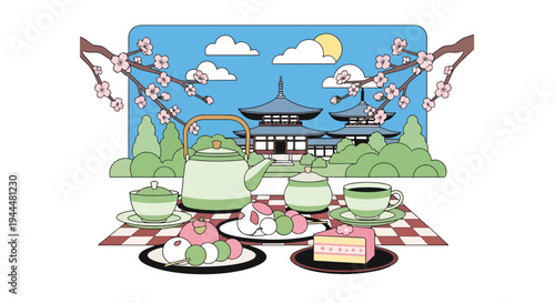 Modern vector illustration of Japanese cherry blossoms festival with tea set and sweets beneath blooming sakura trees in serene spring garden