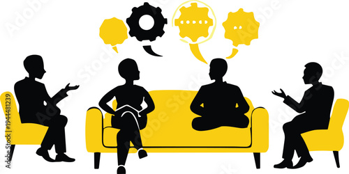 Business team brainstorming meeting illustration, creative discussion with gears idea concept, teamwork strategy planning vector office design