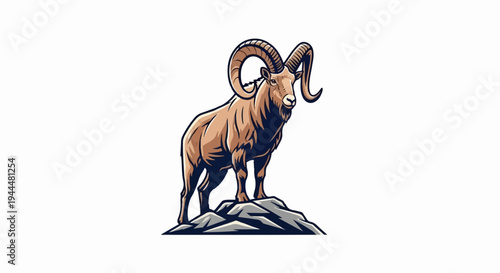Majestic ram with large, curved horns stands on a rocky outcrop