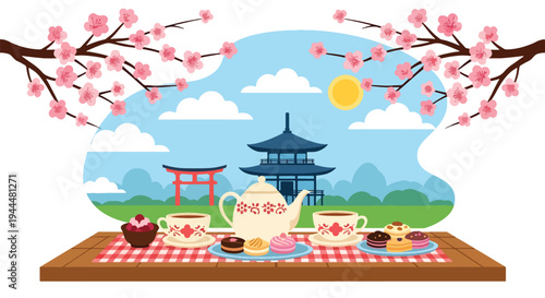 Modern vector illustration of Japanese cherry blossoms festival with tea set and sweets beneath blooming sakura trees in serene spring garden