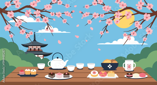 Modern vector illustration of Japanese cherry blossoms festival with tea set and sweets beneath blooming sakura trees in serene spring garden