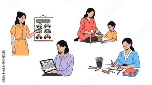 Empowering Education: A collage of educators engaging in diverse teaching methods, from guiding young learners with visual aids to personalized instruction and online learning experiences.