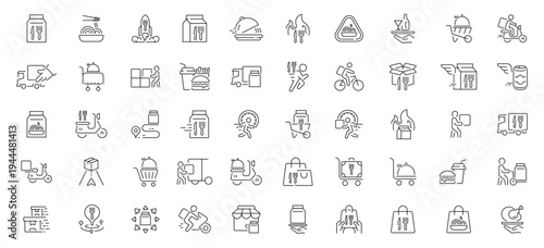 Takeaway and food delivery icons set. editable line icons, outline, fast service graphics