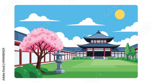 Modern vector illustration of Japanese cherry blossoms festival in peaceful courtyard with sakura tree and stone lantern in spring atmosphere