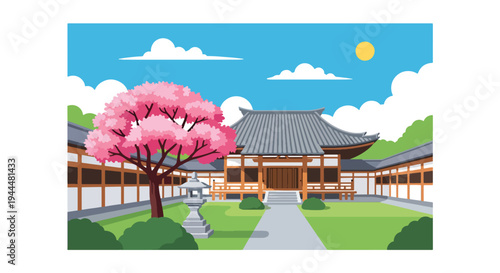 Modern vector illustration of Japanese cherry blossoms festival in peaceful courtyard with sakura tree and stone lantern in spring atmosphere