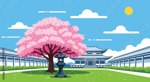 Modern vector illustration of Japanese cherry blossoms festival in peaceful courtyard with sakura tree and stone lantern in spring atmosphere