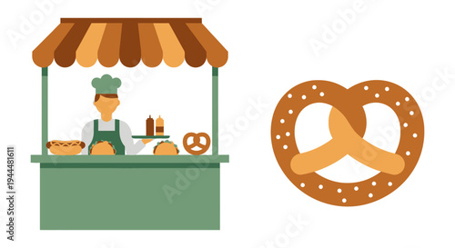 Street Food Vendor Stand with Hot Dog, Tacos & Pretzel Illustration