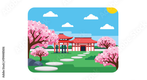 Modern vector illustration of Japanese cherry blossoms festival with stepping stones and blooming sakura trees in tranquil garden