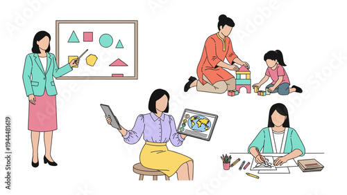 Empowering Educators: A diverse group of female educator actively teaches children in classroom, demonstrating innovative pedagogical approach to foster holistic child development.