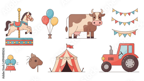 Colorful Cartoon Tractor and Farm Animals.