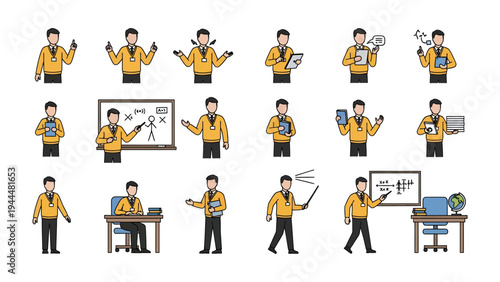 Teacher's Day Bundle: A collection of illustrative icons featuring a teacher in various poses and activities, from lecturing and teaching to studying and presenting information.