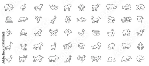 Animal icons set. editable line icons, outline style with wildlife and fauna symbols