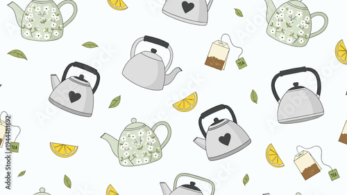 Playful kitchen-themed pattern featuring various teapots, tea bags, and lemon slices scattered across a clean white background.