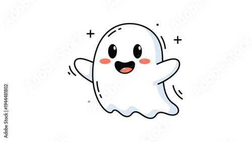 Adorable white ghost character with a happy smile and rosy cheeks floating amidst tiny black crosses and a red heart.