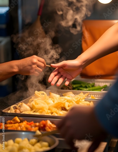Street Food Vendor Cooking Vegetables with Steam