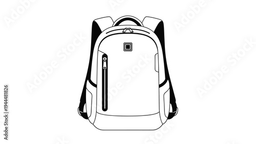 Symmetrical front view line drawing of a backpack with multiple compartments and zippers for school and outdoor use.