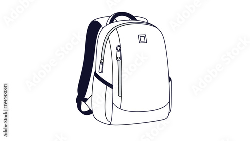 Simple black and white line drawing of a modern school or travel backpack shown from a front perspective on white background.