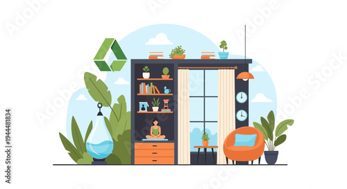 Mindful Living and Sustainable Home Interior Flat Illustration with Woman Meditating Amidst Greenery and Eco-friendly Decor