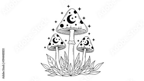 Enchanting black and white illustration of three mushrooms decorated with crescent moons and stars surrounded by leaves.
