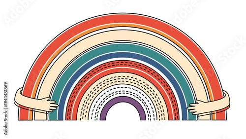 Heartwarming illustration of a vibrant multi-colored rainbow being embraced by two human hands on a white background.