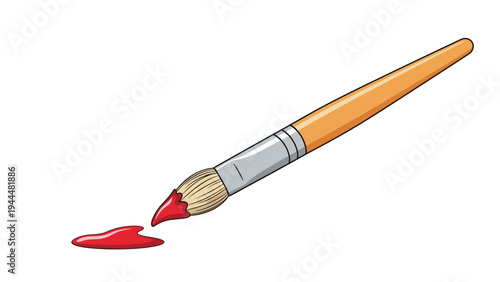 Classic illustration of a wooden paintbrush with bristles dipped in vibrant red paint and a small puddle of paint nearby.