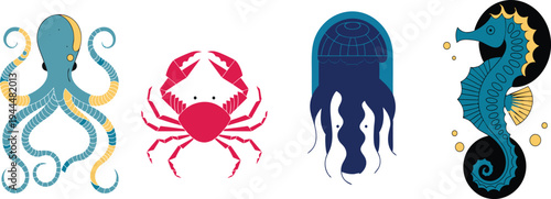Colorful marine animals set illustration, octopus crab jellyfish seahorse cartoon sea creatures collection isolated on white background