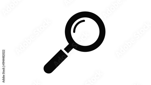 Classic solid black icon of a magnifying glass angled to the right for search, discovery, and investigation concepts.
