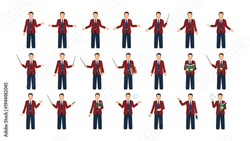 Teacher Poses Collection: A grid displaying a teacher in various poses and holding different objects, representing teaching and learning activities.