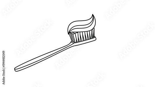 Simple black and white line drawing of a toothbrush with a large swirl of toothpaste on the bristles for hygiene concepts.