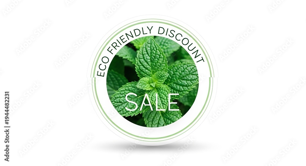 Obraz premium An eco-friendly discount sale badge with a mint leaf design on a white background
