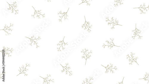 Seamless pattern of delicate light beige plant branches and twigs scattered over a clean white background for subtle decor.
