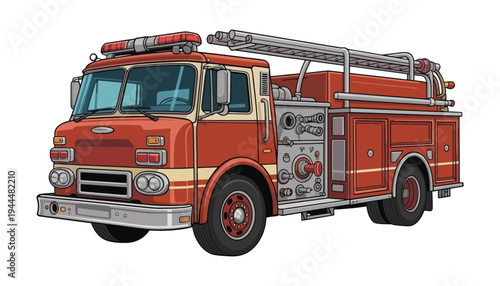 Fire truck vector illustration with ladder on top and red color