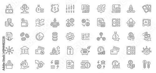 Finance icons set. editable line icons for banking, currency, and investment
