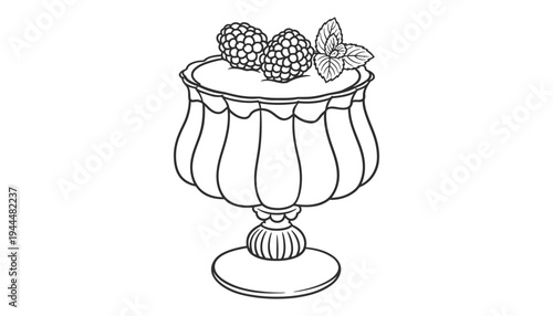 A dessert bowl illustration with blackberries and leaves on top