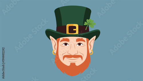 Irish leprechaun character portrait featuring a green top hat with a buckle and clover, a red beard, and a friendly smiling face.
